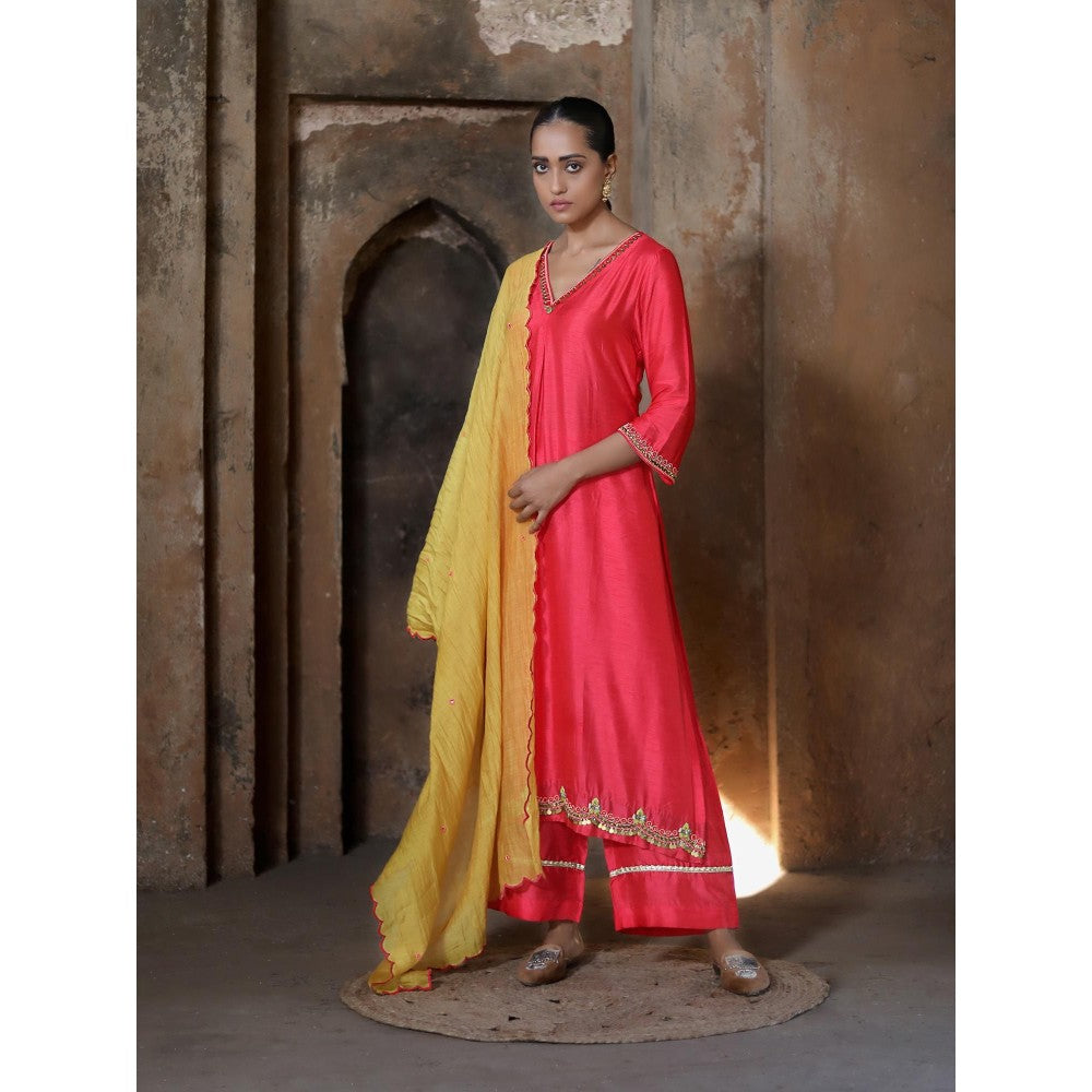 Label Kinjal Modi Tomato Red Kurta & Pant with Mustard Yellow Dupatta (Set of 3)