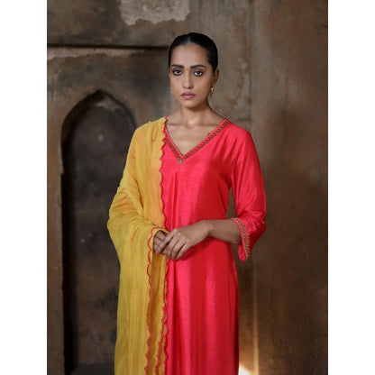 Label Kinjal Modi Tomato Red Kurta & Pant with Mustard Yellow Dupatta (Set of 3)
