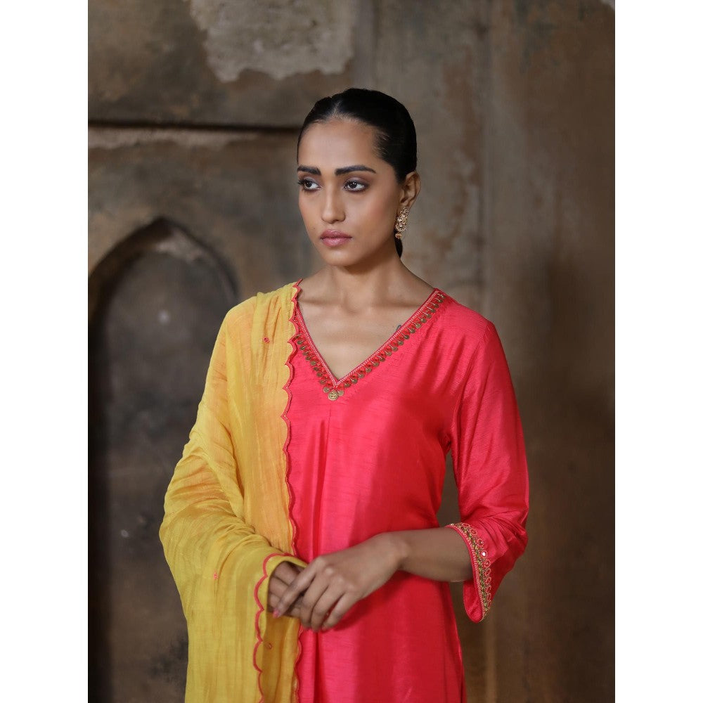 Label Kinjal Modi Tomato Red Kurta & Pant with Mustard Yellow Dupatta (Set of 3)