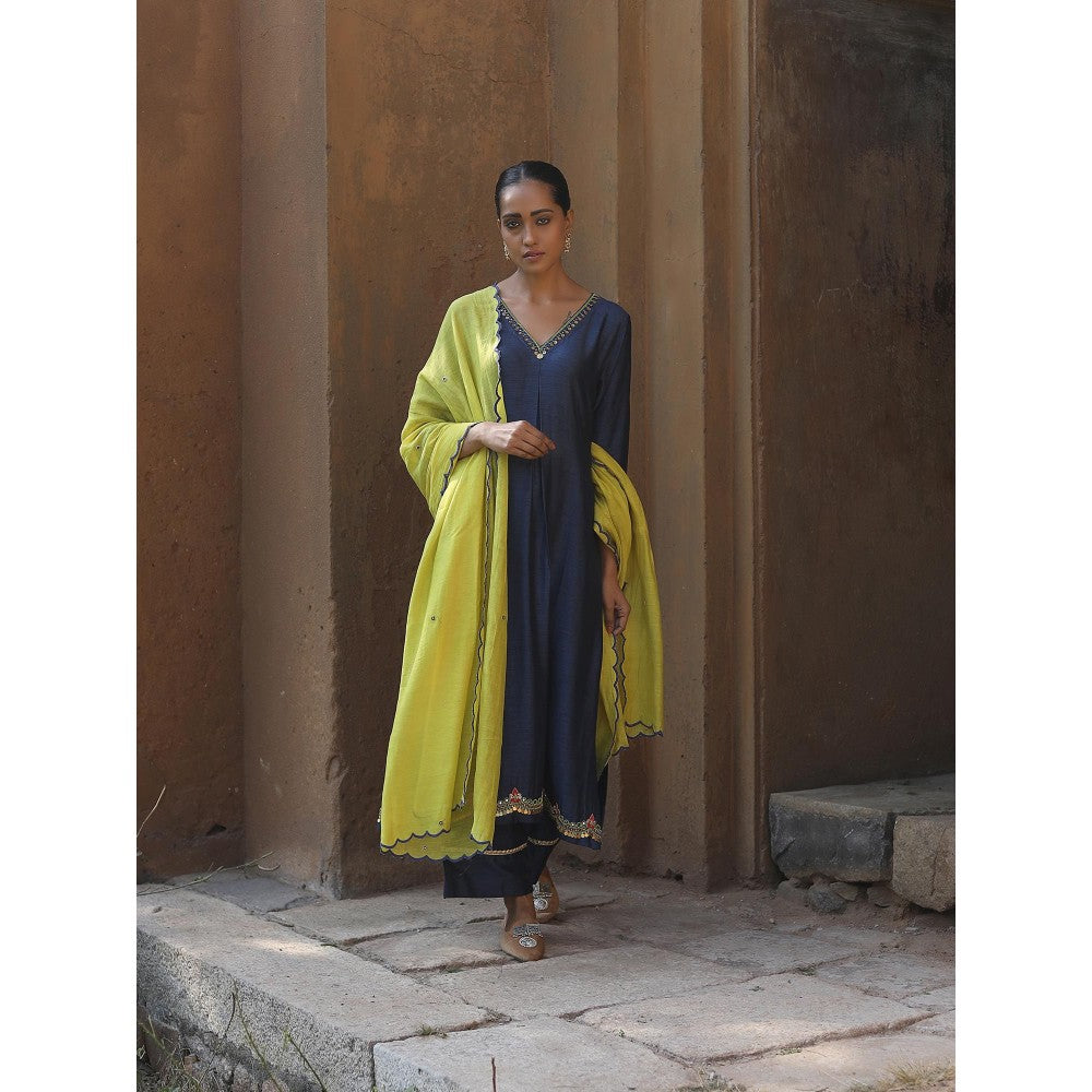 Label Kinjal Modi Navy Blue Kurta & Pant with Lime Green Dupatta (Set of 3)