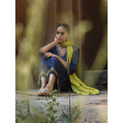 Label Kinjal Modi Navy Blue Kurta & Pant with Lime Green Dupatta (Set of 3)