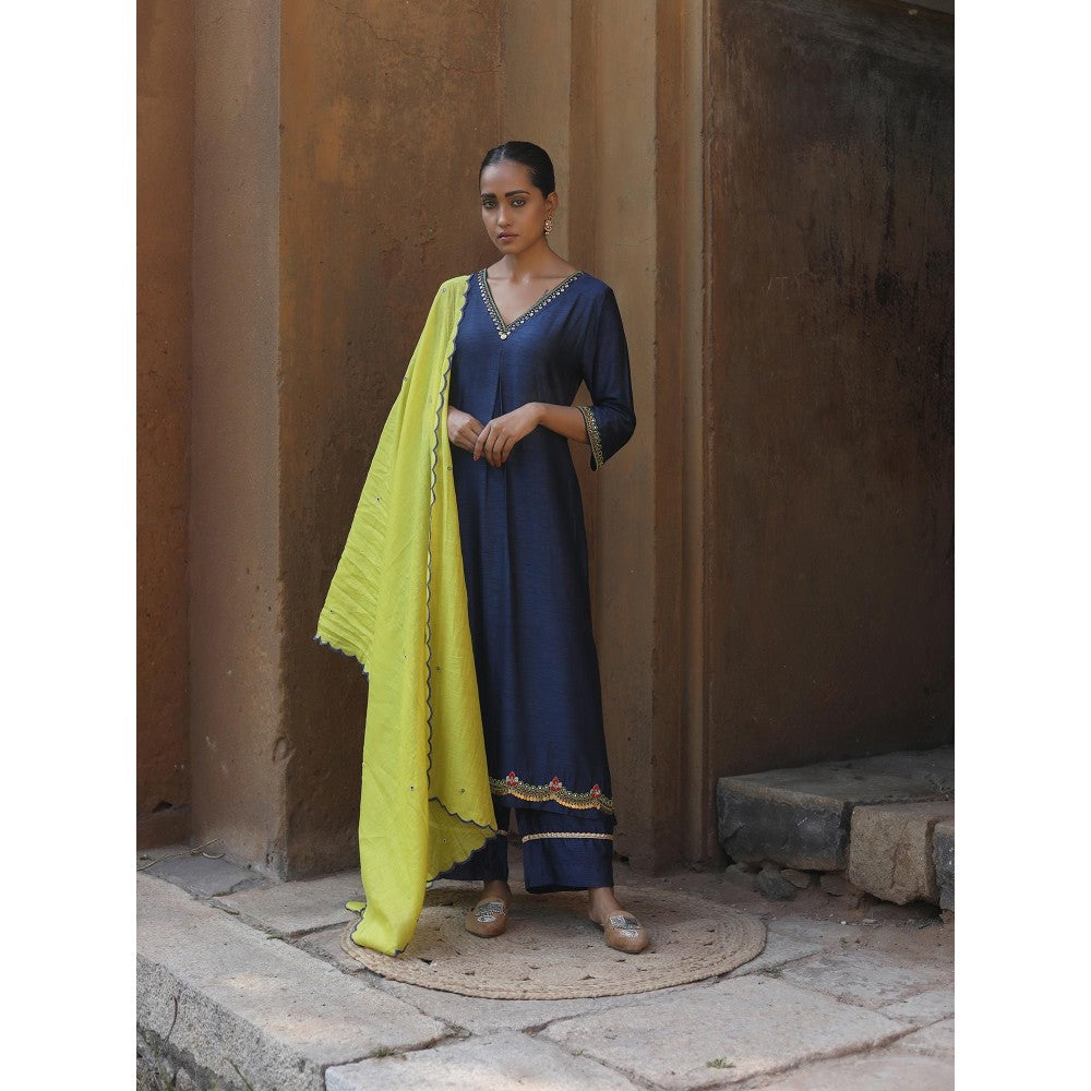 Label Kinjal Modi Navy Blue Kurta & Pant with Lime Green Dupatta (Set of 3)