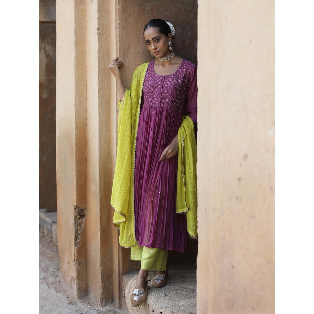 Label Kinjal Modi Mauve Kurta with Lime Green Pant & Dupatta (Set of 3)