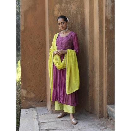 Label Kinjal Modi Mauve Kurta with Lime Green Pant & Dupatta (Set of 3)