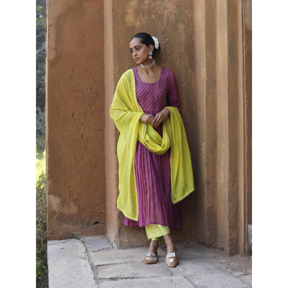 Label Kinjal Modi Mauve Kurta with Lime Green Pant & Dupatta (Set of 3)