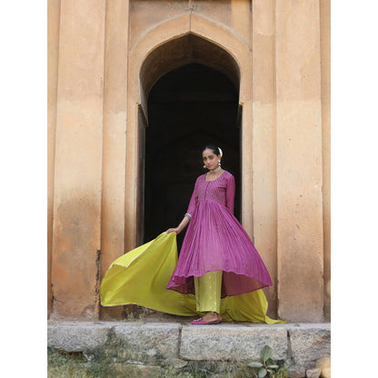 Label Kinjal Modi Mauve Kurta with Lime Green Pant & Dupatta (Set of 3)