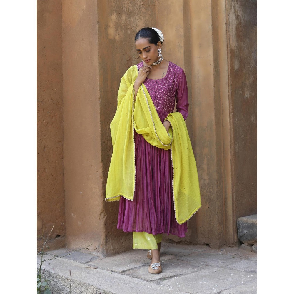 Label Kinjal Modi Mauve Kurta with Lime Green Pant & Dupatta (Set of 3)