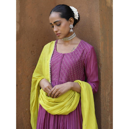 Label Kinjal Modi Mauve Kurta with Lime Green Pant & Dupatta (Set of 3)