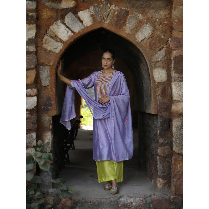 Label Kinjal Modi Lavender Kurta with Palazzo and Lime Green Dupatta (Set of 3)