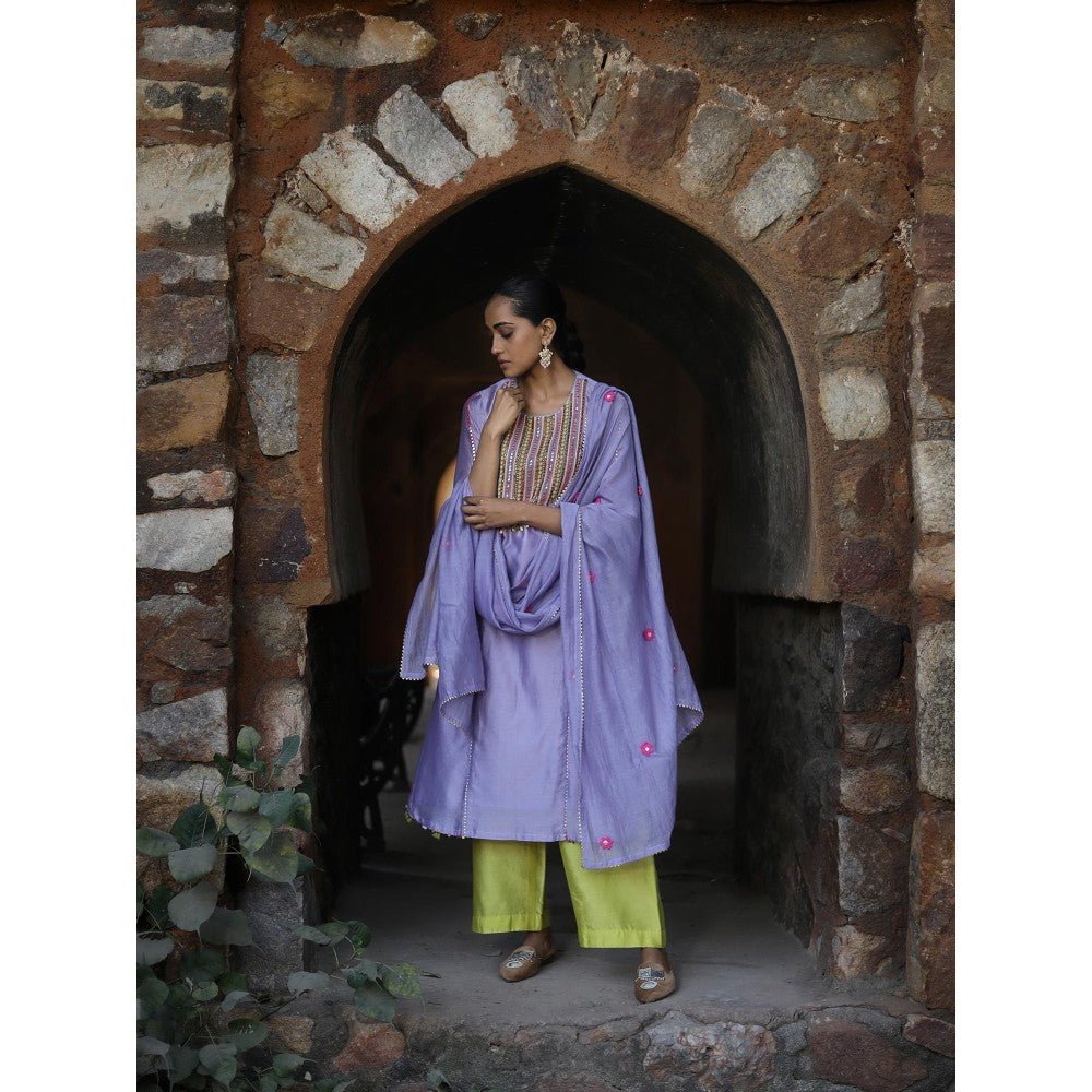 Label Kinjal Modi Lavender Kurta with Palazzo and Lime Green Dupatta (Set of 3)