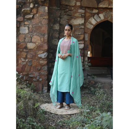 Label Kinjal Modi Rama Kurta with Palazzo and Green Dupatta (Set of 3)