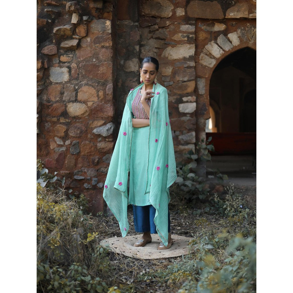 Label Kinjal Modi Rama Kurta with Palazzo and Green Dupatta (Set of 3)