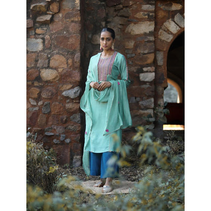 Label Kinjal Modi Rama Kurta with Palazzo and Green Dupatta (Set of 3)