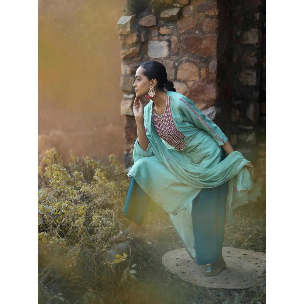 Label Kinjal Modi Rama Kurta with Palazzo and Green Dupatta (Set of 3)