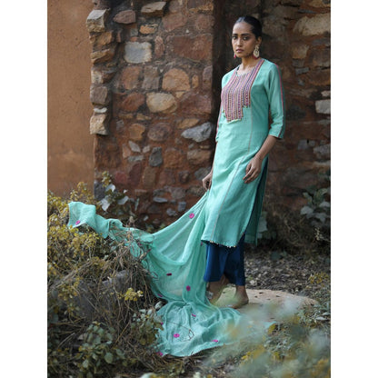 Label Kinjal Modi Rama Kurta with Palazzo and Green Dupatta (Set of 3)