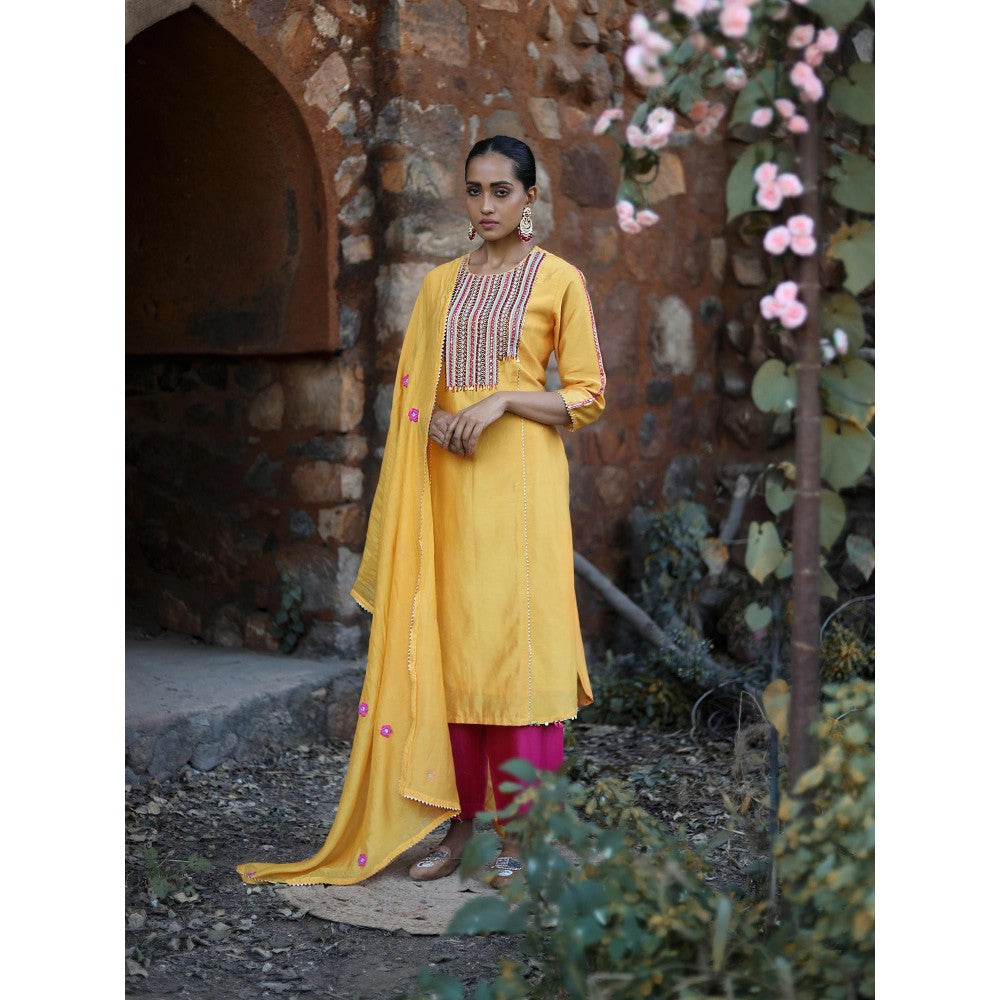 Label Kinjal Modi Yellow Kurta with Palazzo and Rani Pink Dupatta (Set of 3)