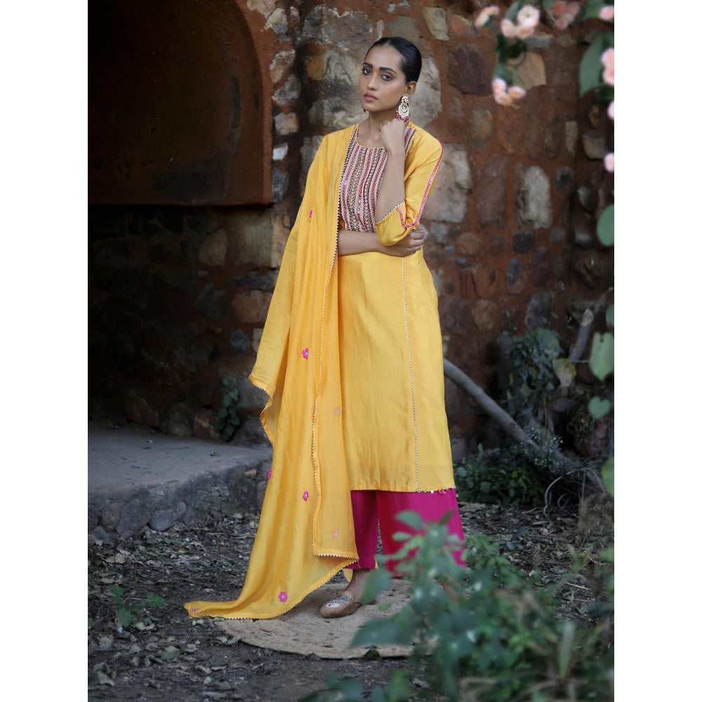 Label Kinjal Modi Yellow Kurta with Palazzo and Rani Pink Dupatta (Set of 3)