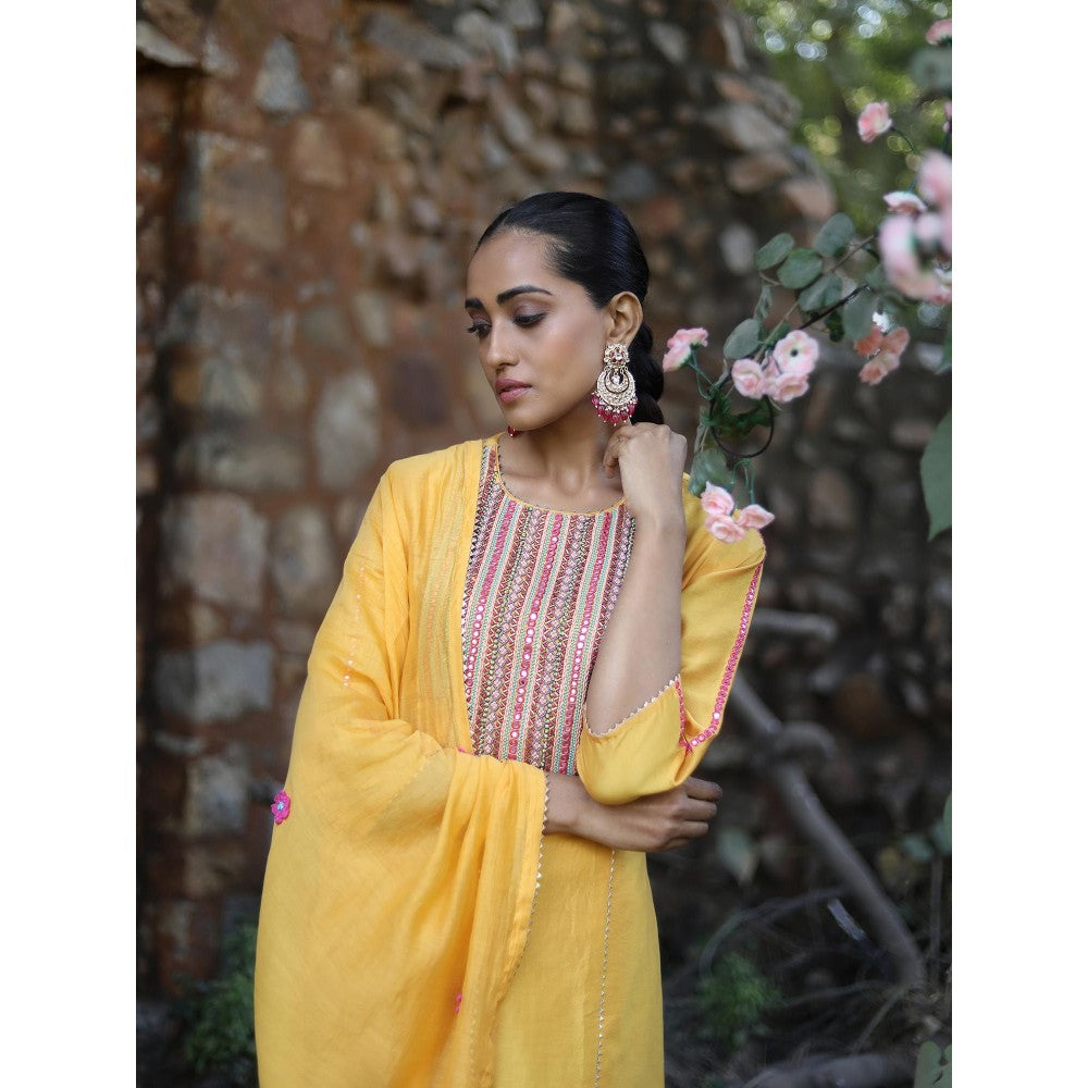 Label Kinjal Modi Yellow Kurta with Palazzo and Rani Pink Dupatta (Set of 3)