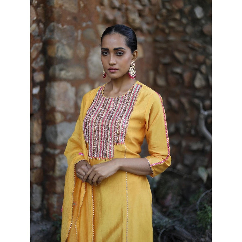Label Kinjal Modi Yellow Kurta with Palazzo and Rani Pink Dupatta (Set of 3)