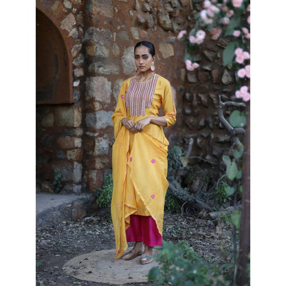 Label Kinjal Modi Yellow Kurta with Palazzo and Rani Pink Dupatta (Set of 3)