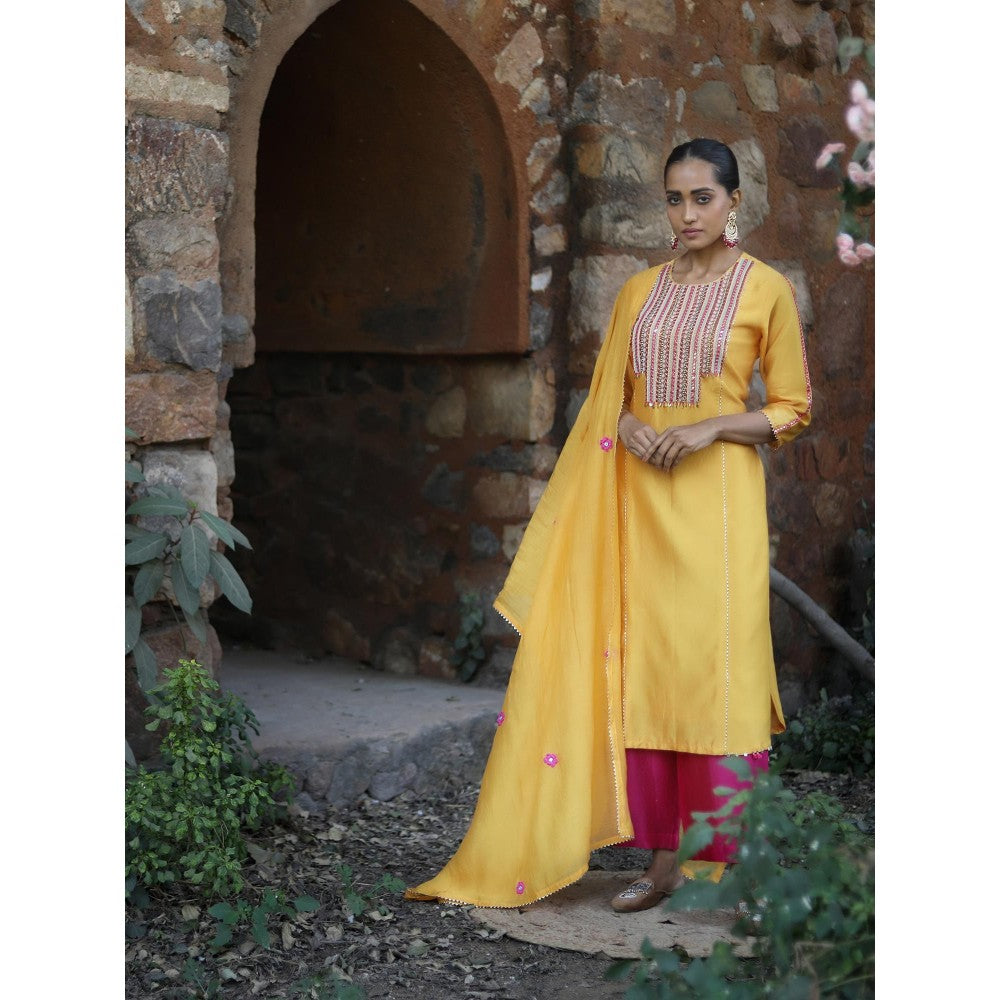 Label Kinjal Modi Yellow Kurta with Palazzo and Rani Pink Dupatta (Set of 3)