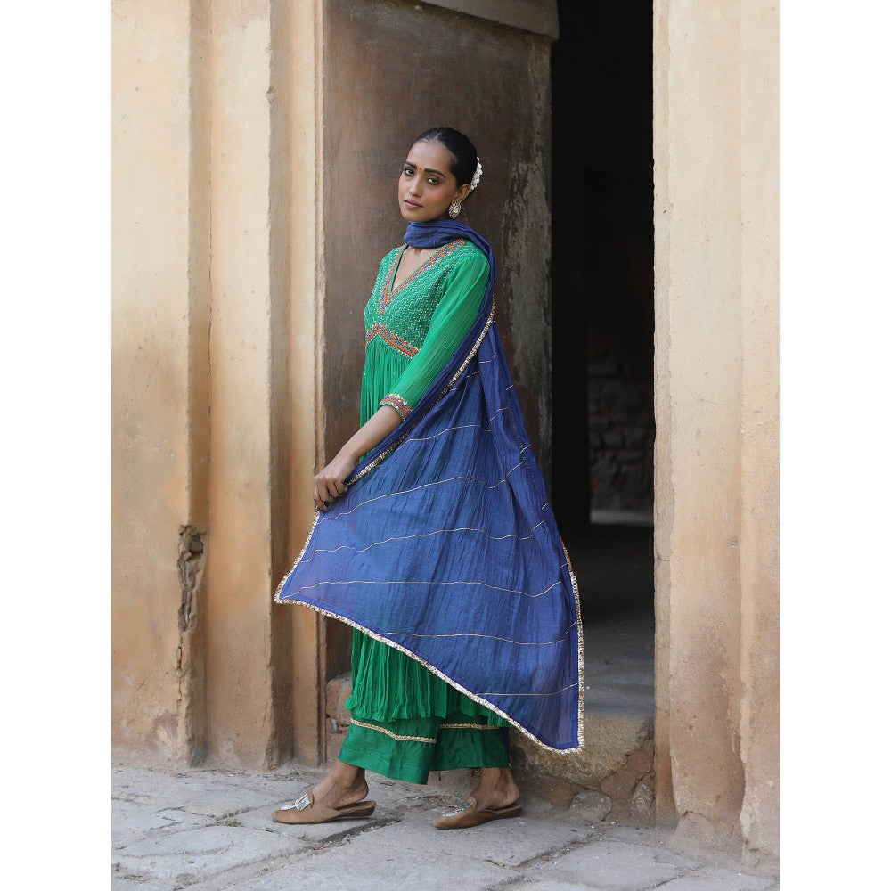 Label Kinjal Modi Fine Chanderi Kurta and Dupatta with Cupro Silk Pant-Green (Set of 3)