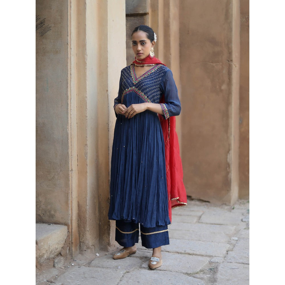 Label Kinjal Modi Fine Chanderi Kurta and Dupatta with Cupro Silk Pant-Navy Blue (Set of 3)