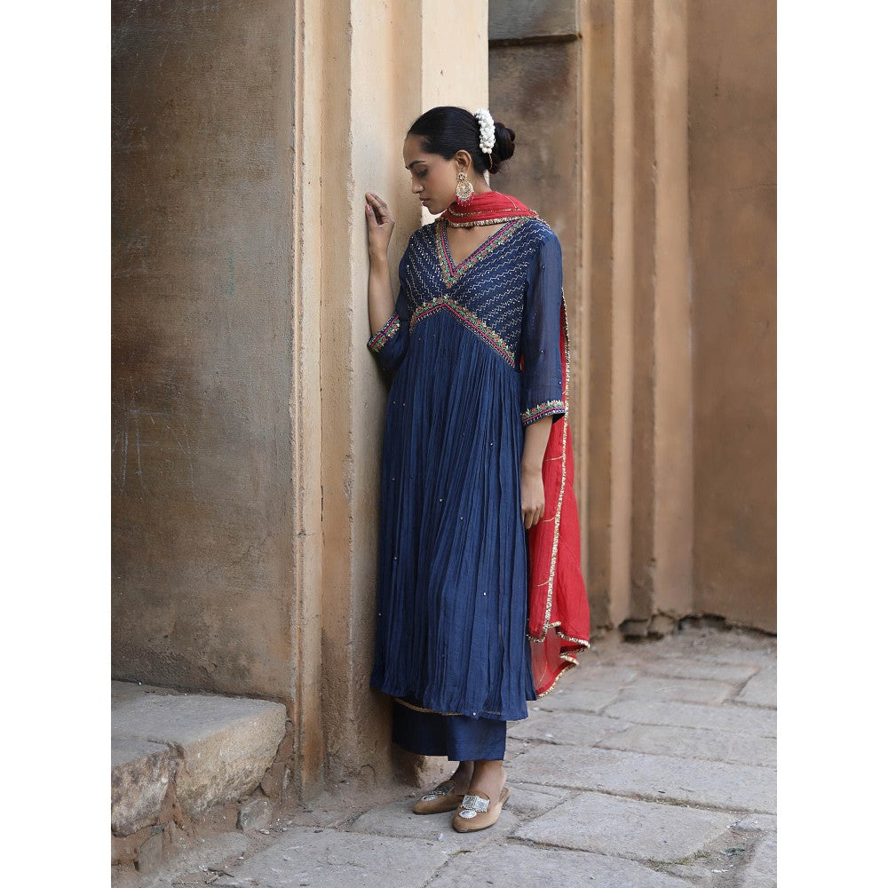 Label Kinjal Modi Fine Chanderi Kurta and Dupatta with Cupro Silk Pant-Navy Blue (Set of 3)