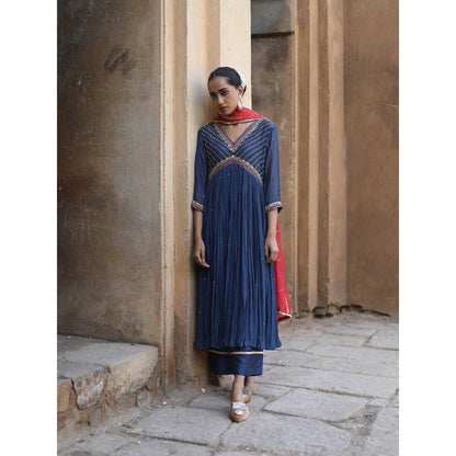 Label Kinjal Modi Fine Chanderi Kurta and Dupatta with Cupro Silk Pant-Navy Blue (Set of 3)