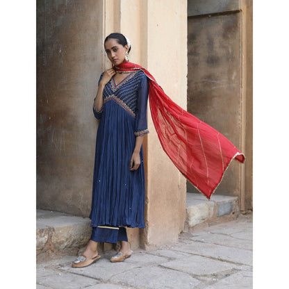 Label Kinjal Modi Fine Chanderi Kurta and Dupatta with Cupro Silk Pant-Navy Blue (Set of 3)