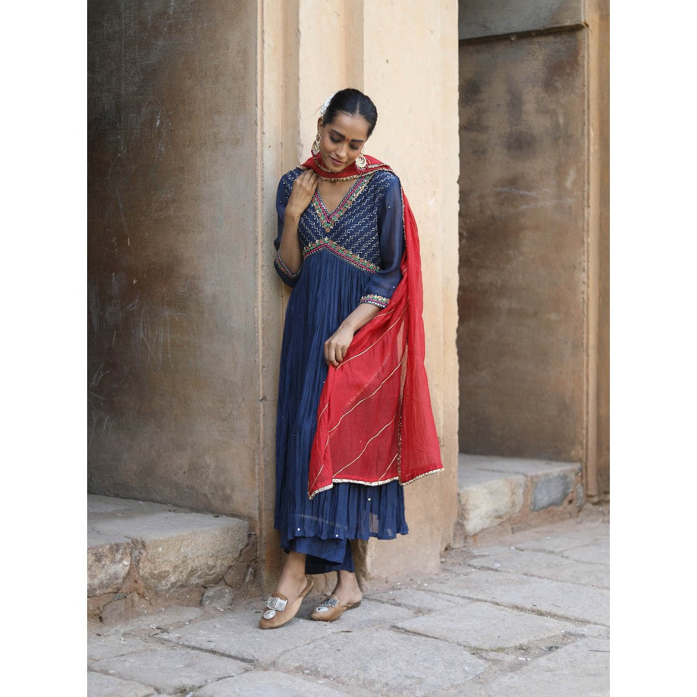 Label Kinjal Modi Fine Chanderi Kurta and Dupatta with Cupro Silk Pant-Navy Blue (Set of 3)