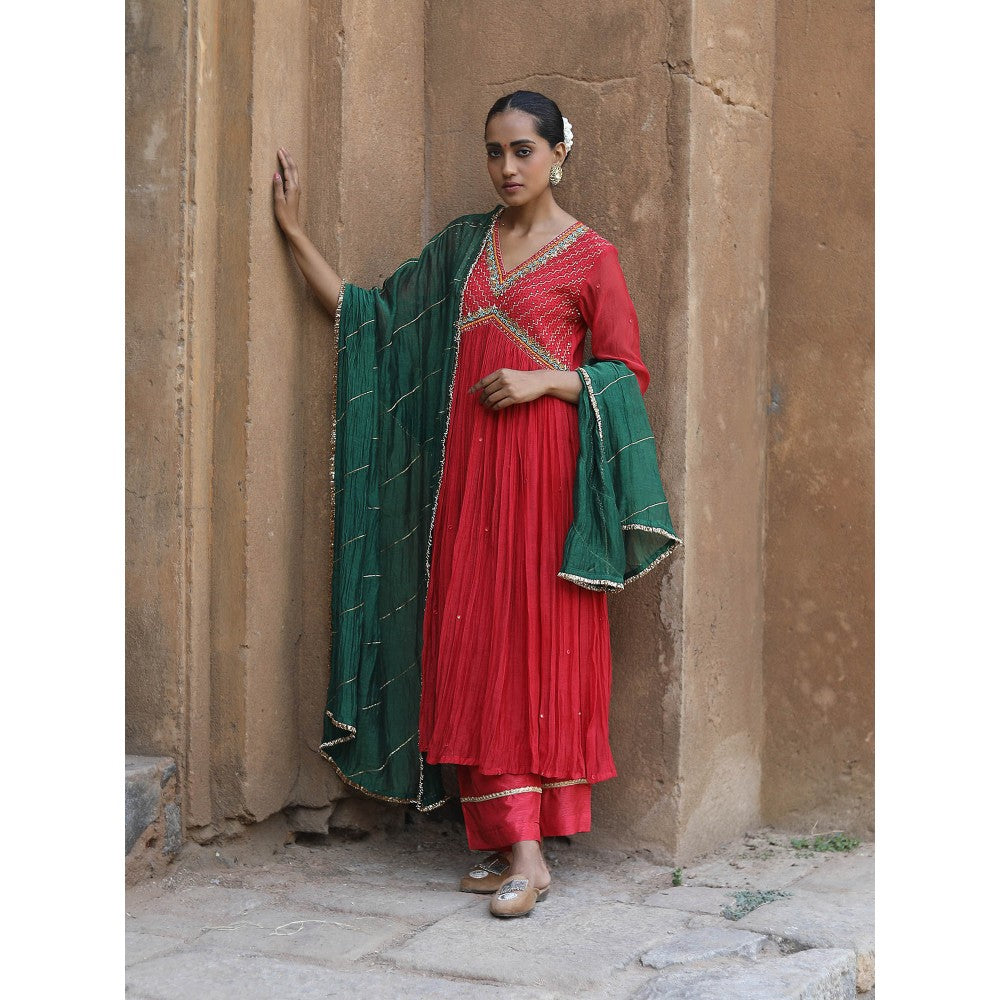 Label Kinjal Modi Fine Chanderi Kurta and Dupatta with Cupro Silk Pant-Red (Set of 3)