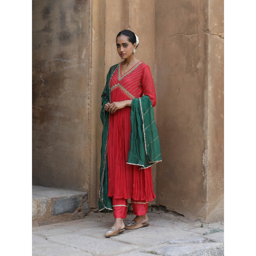 Label Kinjal Modi Fine Chanderi Kurta and Dupatta with Cupro Silk Pant-Red (Set of 3)
