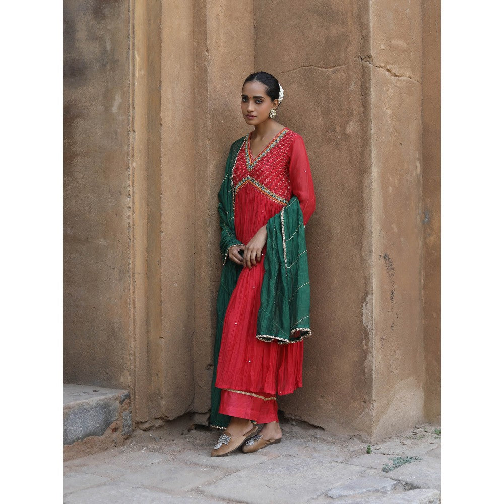 Label Kinjal Modi Fine Chanderi Kurta and Dupatta with Cupro Silk Pant-Red (Set of 3)