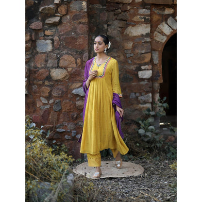 Label Kinjal Modi Fine Chanderi Kurta and Dupatta with Cupro Silk Pant-Yellow (Set of 3)