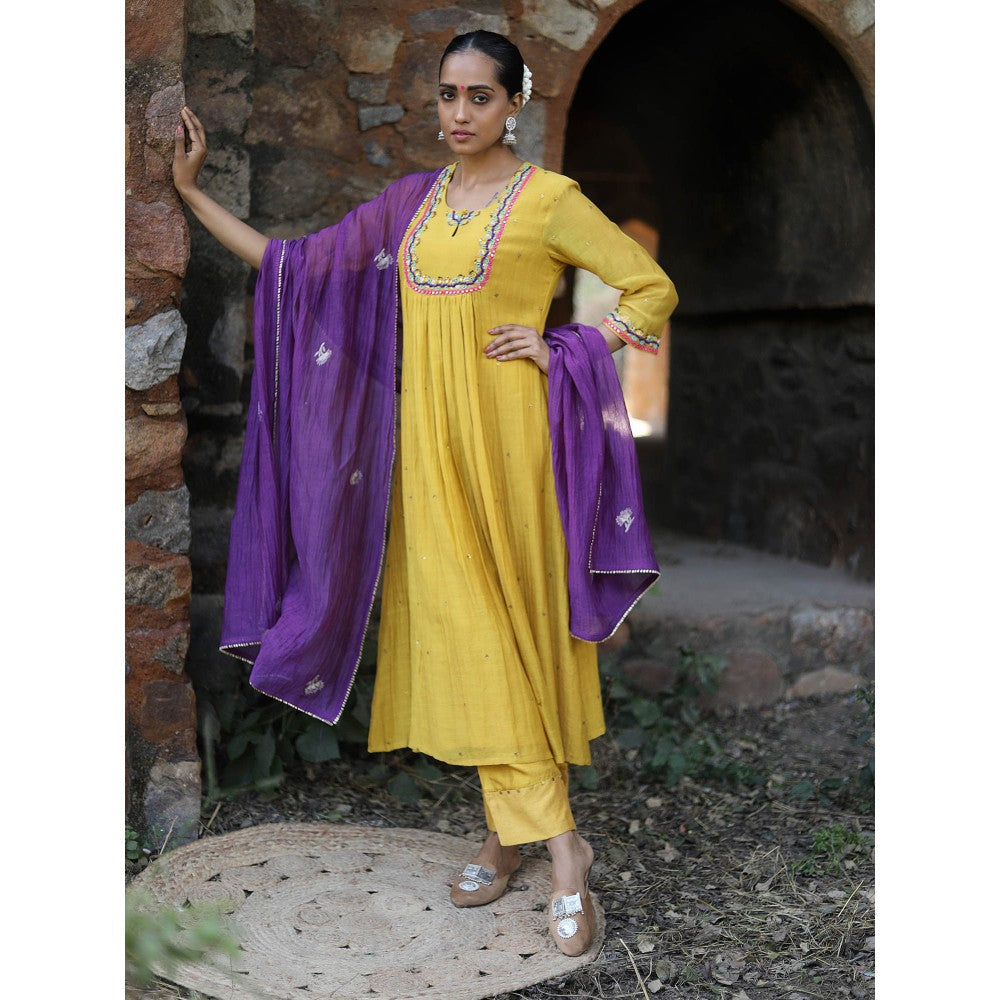 Label Kinjal Modi Fine Chanderi Kurta and Dupatta with Cupro Silk Pant-Yellow (Set of 3)
