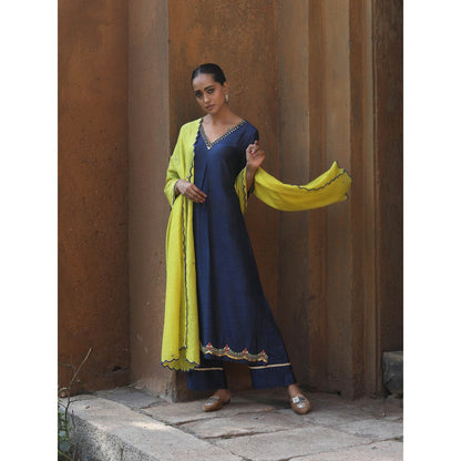 Label Kinjal Modi Fine Chanderi Kurta and Dupatta with Cupro Silk Pant-Navy Blue (Set of 3)
