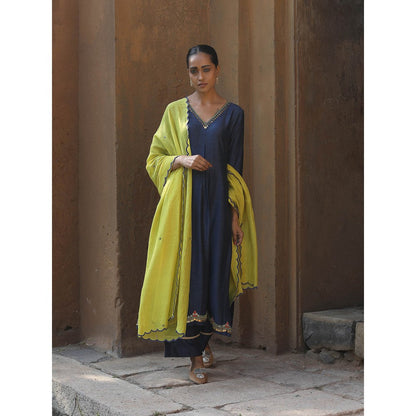 Label Kinjal Modi Fine Chanderi Kurta and Dupatta with Cupro Silk Pant-Navy Blue (Set of 3)