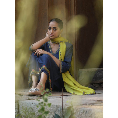 Label Kinjal Modi Fine Chanderi Kurta and Dupatta with Cupro Silk Pant-Navy Blue (Set of 3)