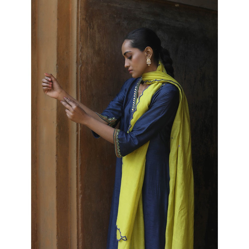 Label Kinjal Modi Fine Chanderi Kurta and Dupatta with Cupro Silk Pant-Navy Blue (Set of 3)