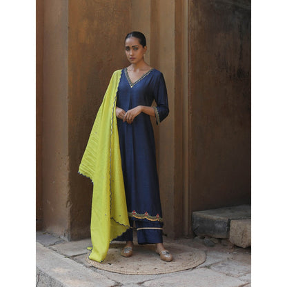 Label Kinjal Modi Fine Chanderi Kurta and Dupatta with Cupro Silk Pant-Navy Blue (Set of 3)