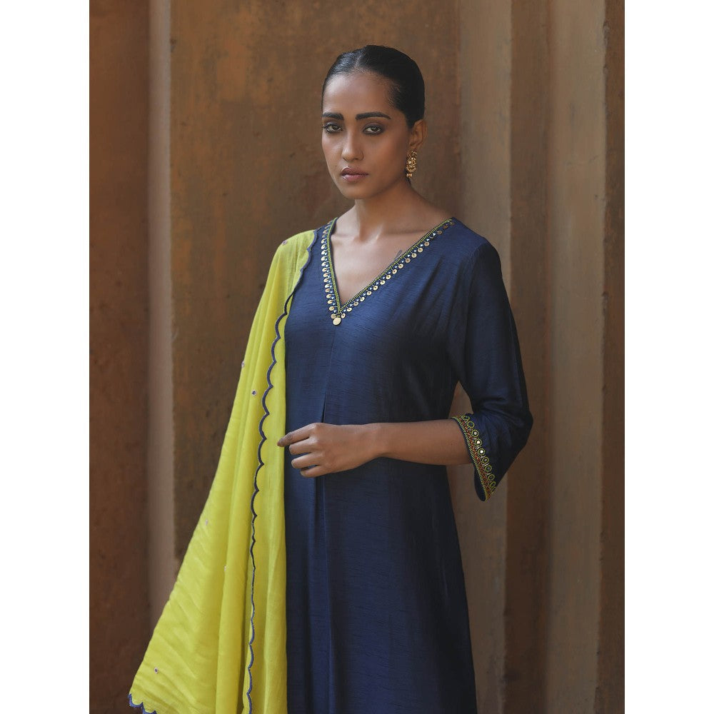 Label Kinjal Modi Fine Chanderi Kurta and Dupatta with Cupro Silk Pant-Navy Blue (Set of 3)