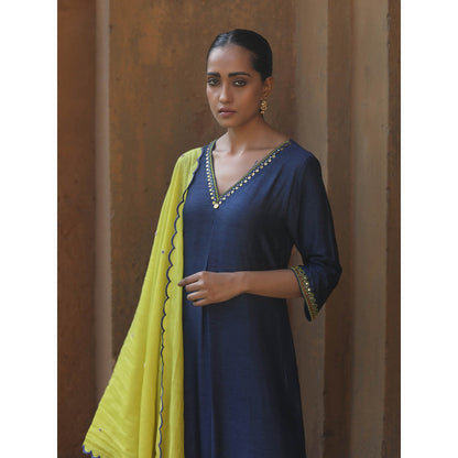 Label Kinjal Modi Fine Chanderi Kurta and Dupatta with Cupro Silk Pant-Navy Blue (Set of 3)