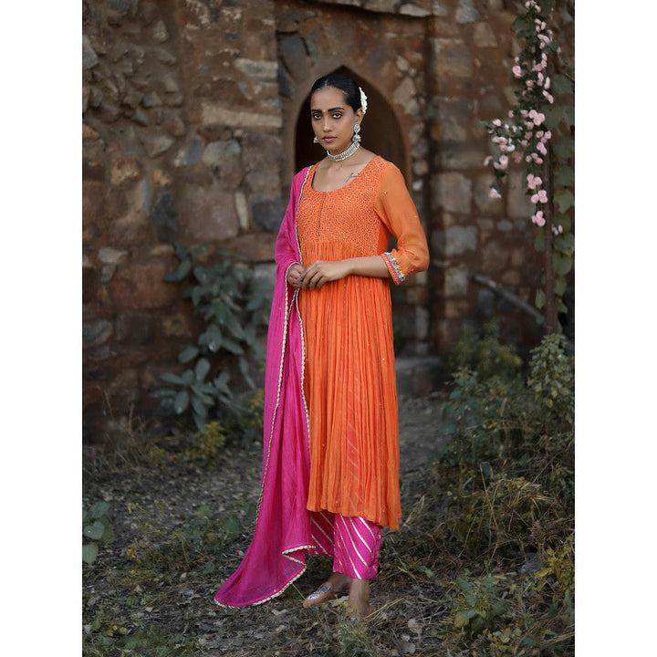 Label Kinjal Modi Fine Chanderi Kurta and Dupatta with Silk Pant-Orange (Set of 3)