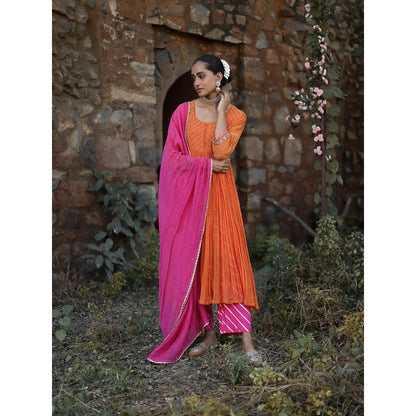 Label Kinjal Modi Fine Chanderi Kurta and Dupatta with Silk Pant-Orange (Set of 3)