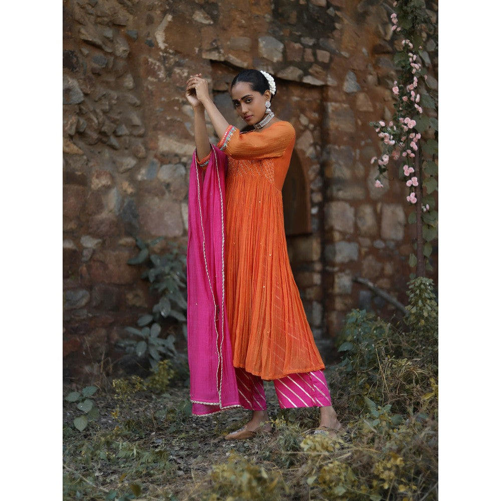 Label Kinjal Modi Fine Chanderi Kurta and Dupatta with Silk Pant-Orange (Set of 3)