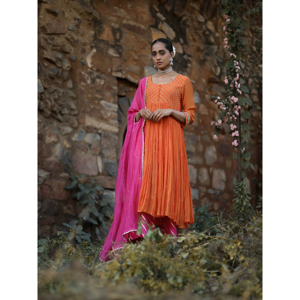 Label Kinjal Modi Fine Chanderi Kurta and Dupatta with Silk Pant-Orange (Set of 3)