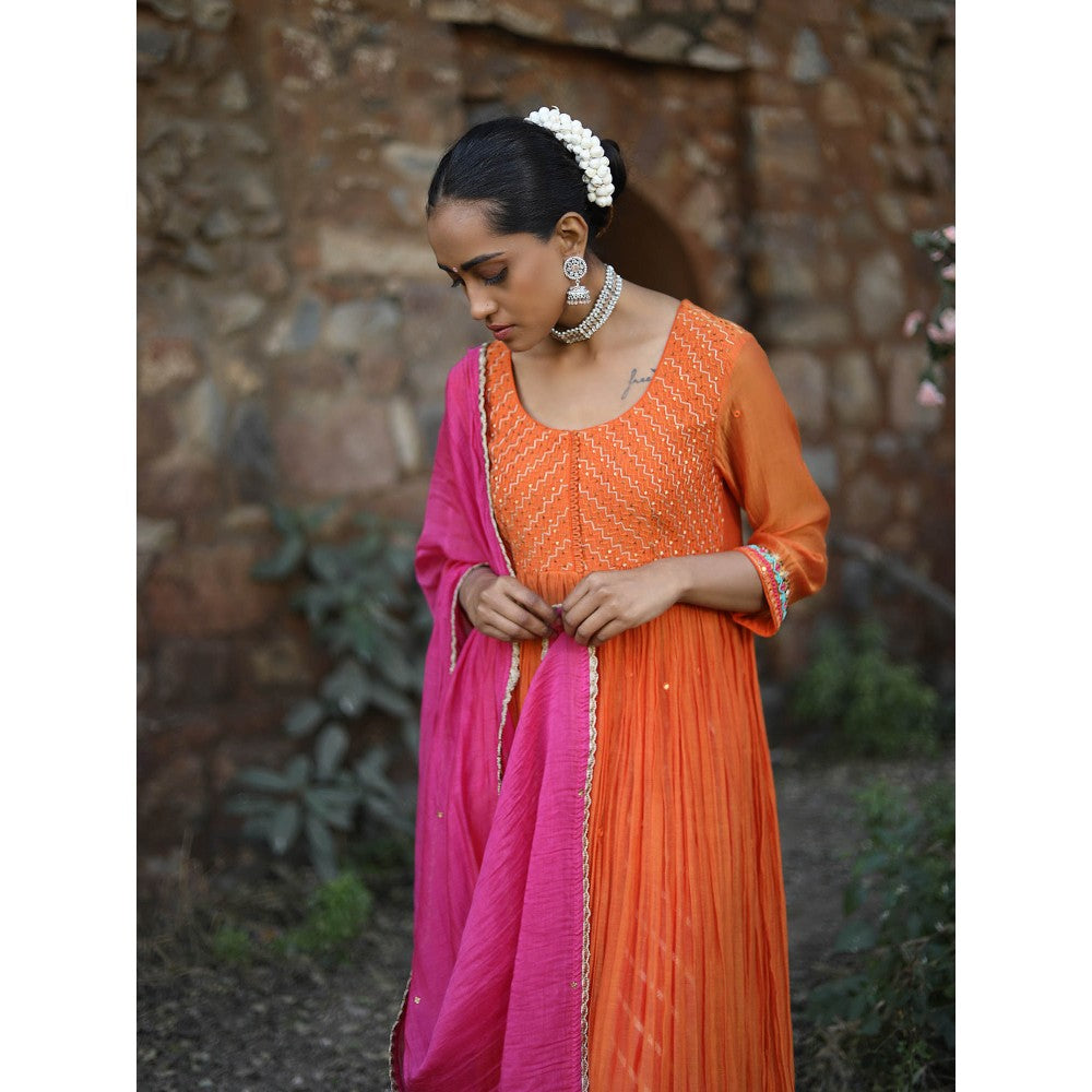 Label Kinjal Modi Fine Chanderi Kurta and Dupatta with Silk Pant-Orange (Set of 3)