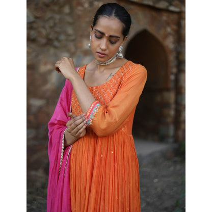 Label Kinjal Modi Fine Chanderi Kurta and Dupatta with Silk Pant-Orange (Set of 3)