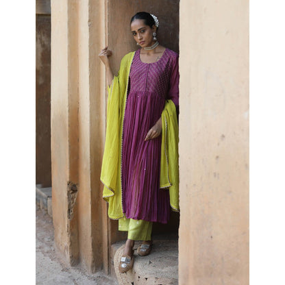 Label Kinjal Modi Fine Chanderi Kurta and Dupatta with Silk Pant-Purple (Set of 3)